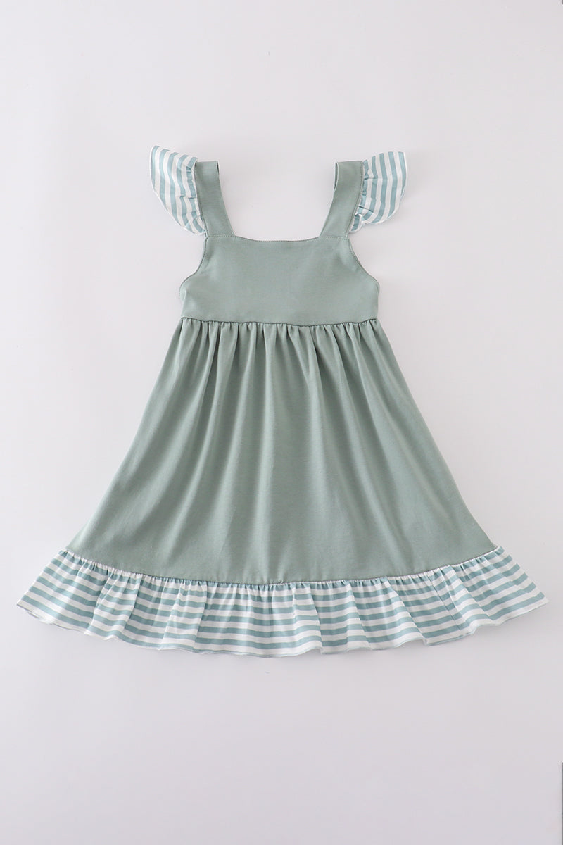 Girls Sage Stripe Flutter Trim Ruffle Dress