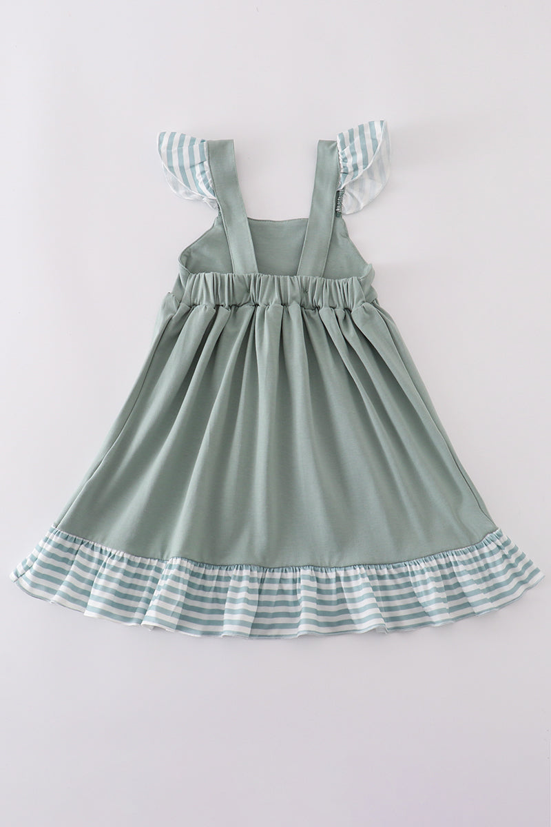Girls Sage Stripe Flutter Trim Ruffle Dress