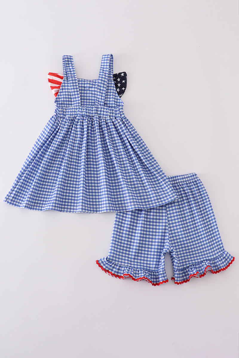Girls Patriotic Flag Bow Gingham Set