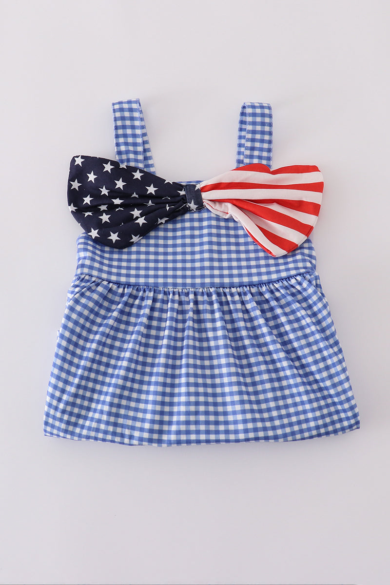 Girls Patriotic Flag Bow Gingham Set