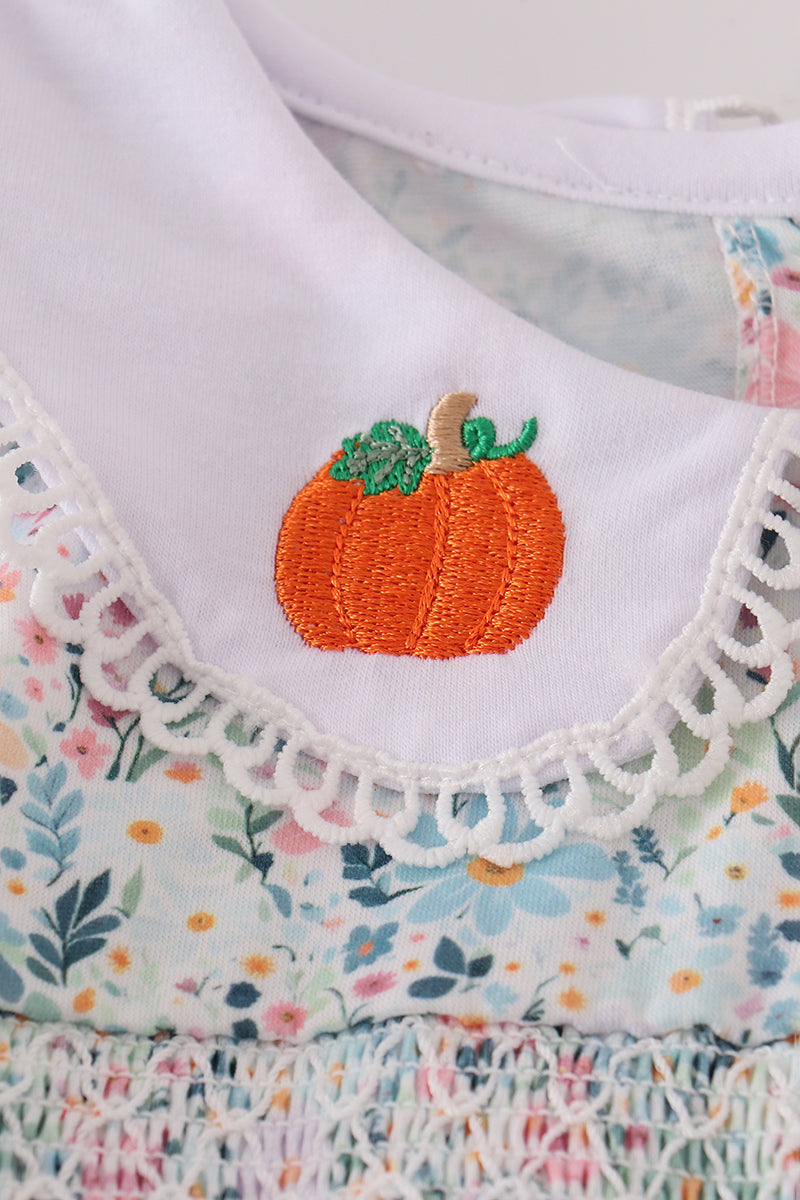 Girls Green Floral Pumpkin Embroidered Ruffle Pants Set