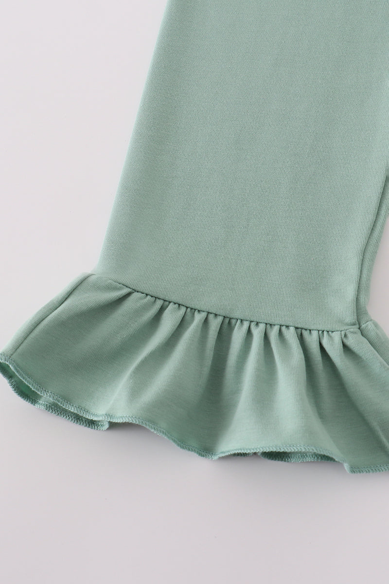 Girls Green Floral Pumpkin Embroidered Ruffle Pants Set
