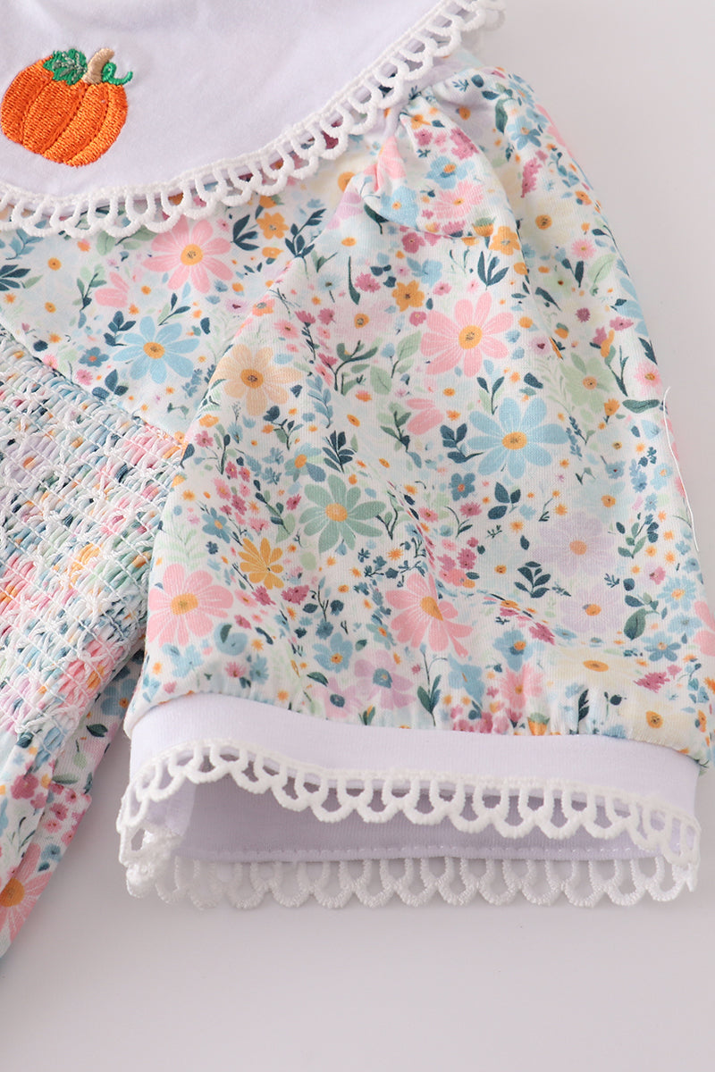 Girls Green Floral Pumpkin Embroidered Bloomer Set