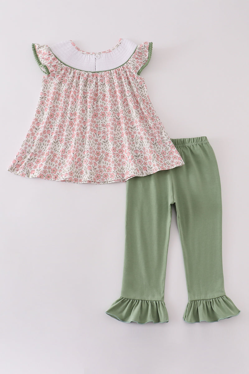 Girls Pink Floral Pumpkin Smocked Ruffle Pants Set