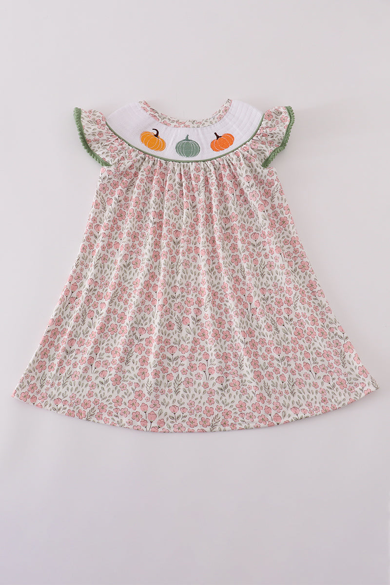 Girls Pink Pumpkin Smocked Floral Ruffle Pants Set