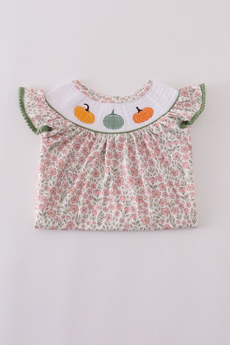 Girls Pink Pumpkin Smocked Floral Ruffle Pants Set