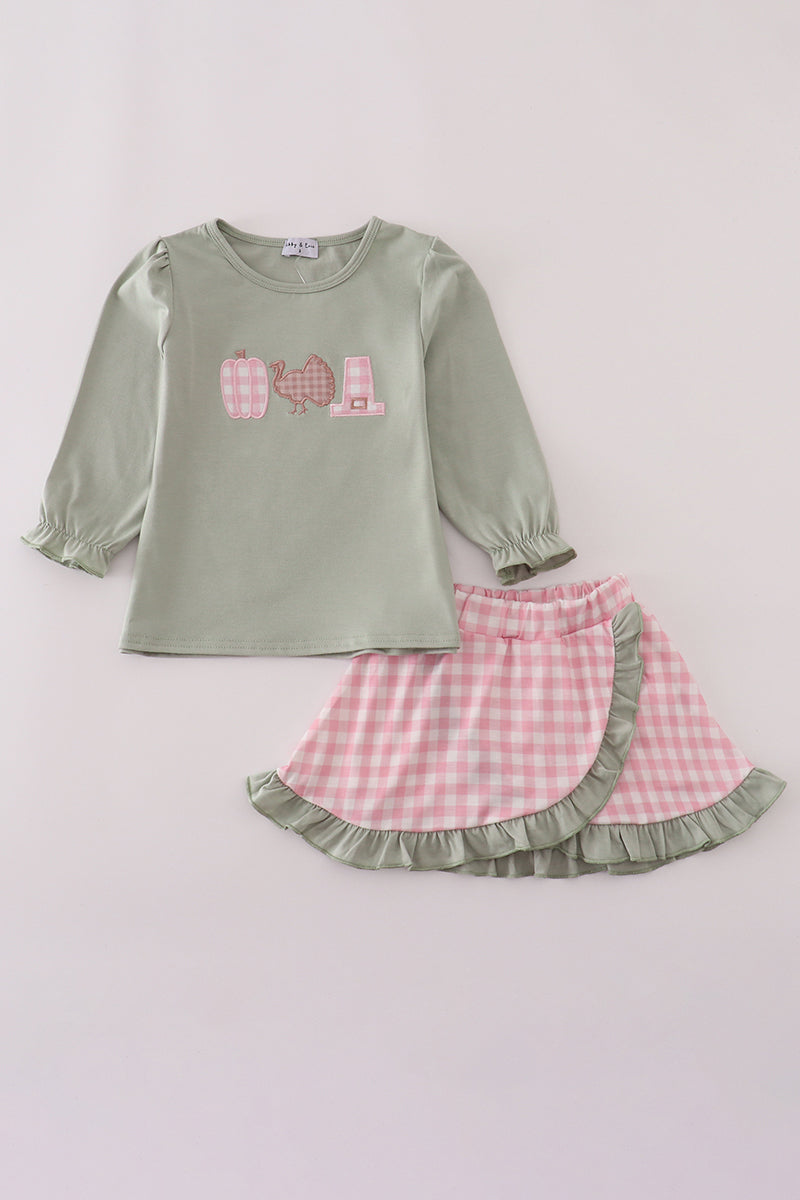 Girls Sage Pumpkin Turkey Appliqué Skorts Set