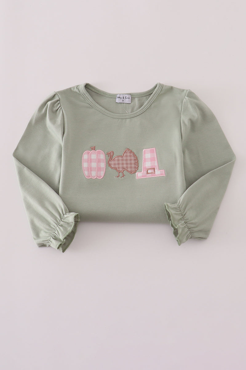 Girls Sage Pumpkin Turkey Appliqué Skorts Set