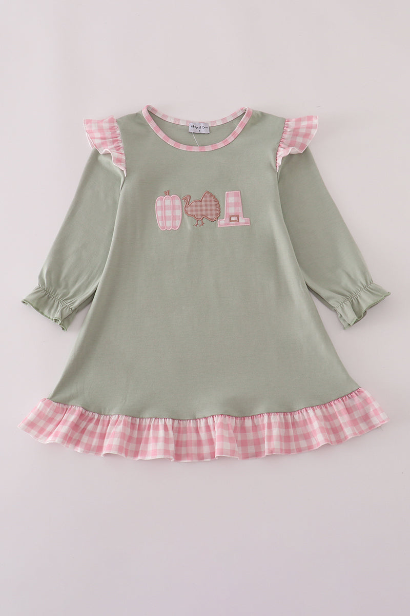 Girls Sage Pumpkin Turkey Appliqué Ruffle Dress
