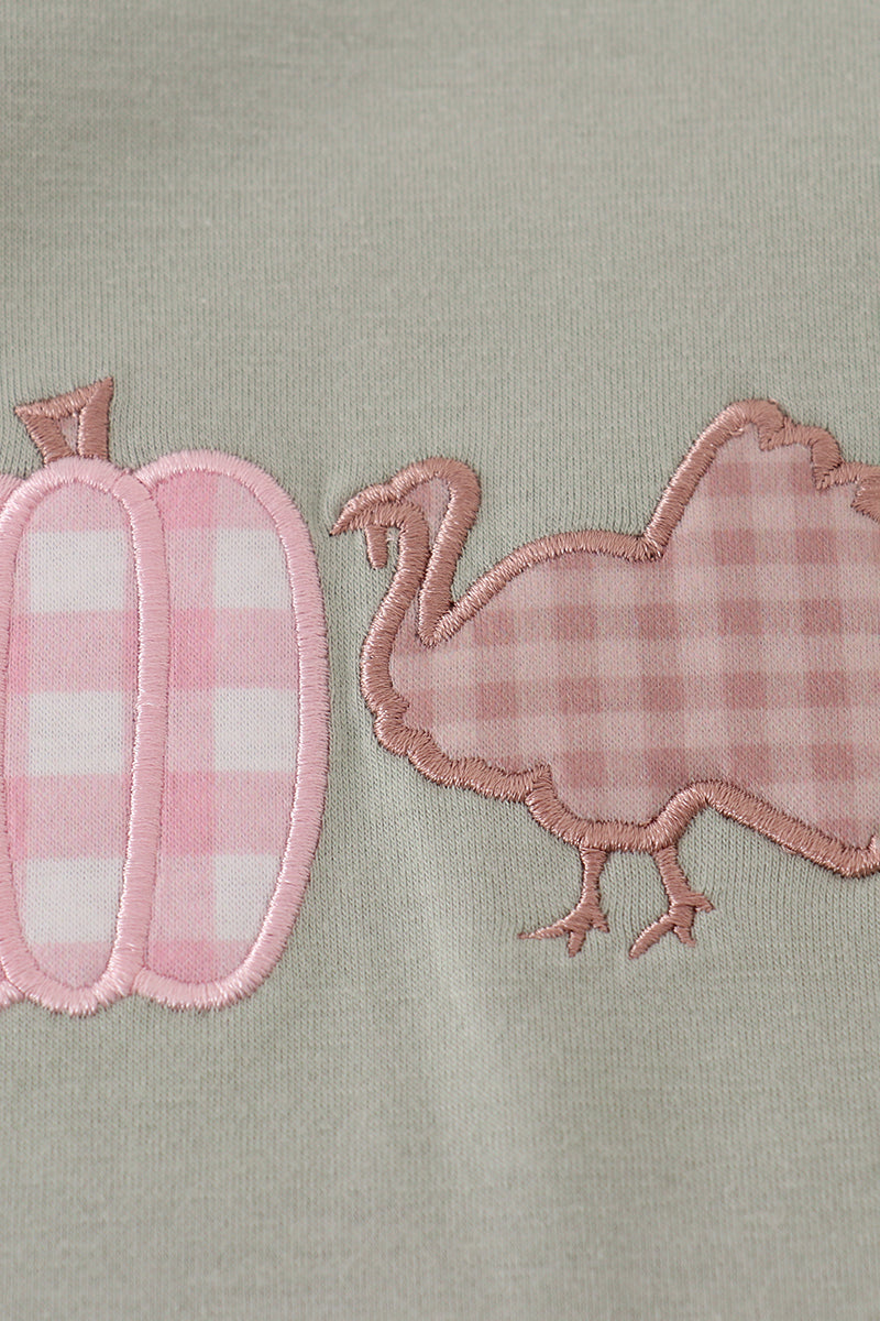 Girls Sage Pumpkin Turkey Appliqué Ruffle Dress