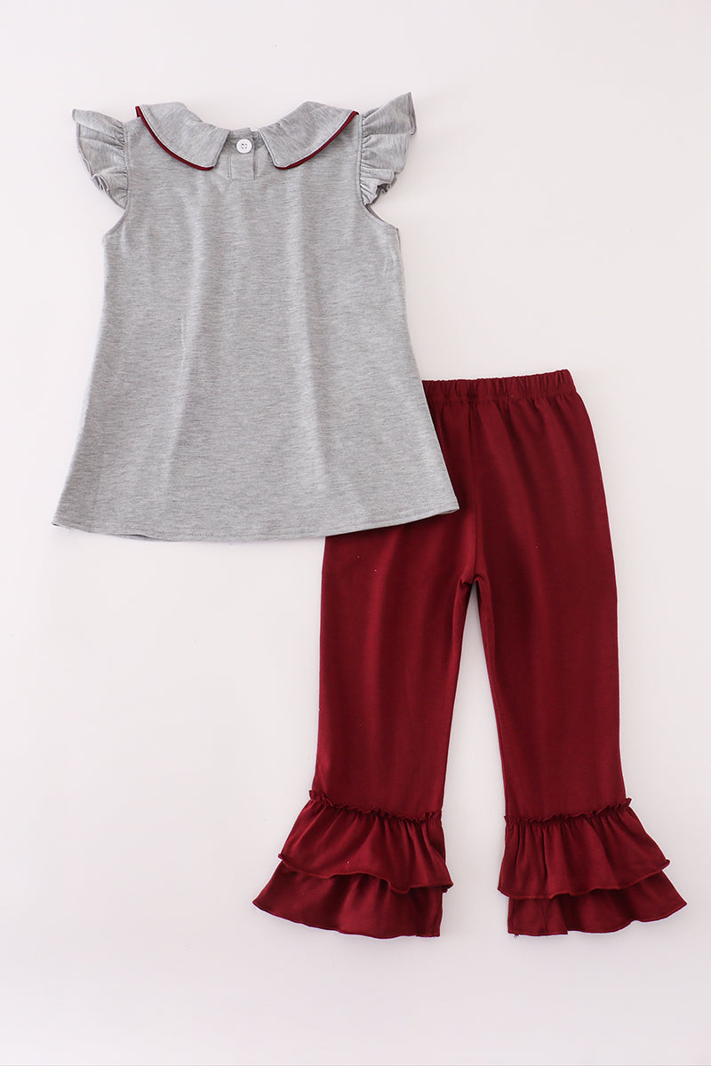 Girls Maroon Mississippi State Embroidered Ruffle Pants Set