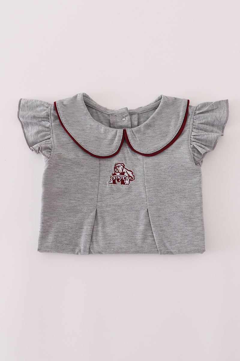 Girls Maroon Mississippi State Embroidered Ruffle Pants Set