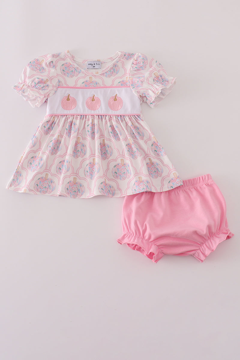 Girls Pink Pumpkin Embroidered Bloomer Set