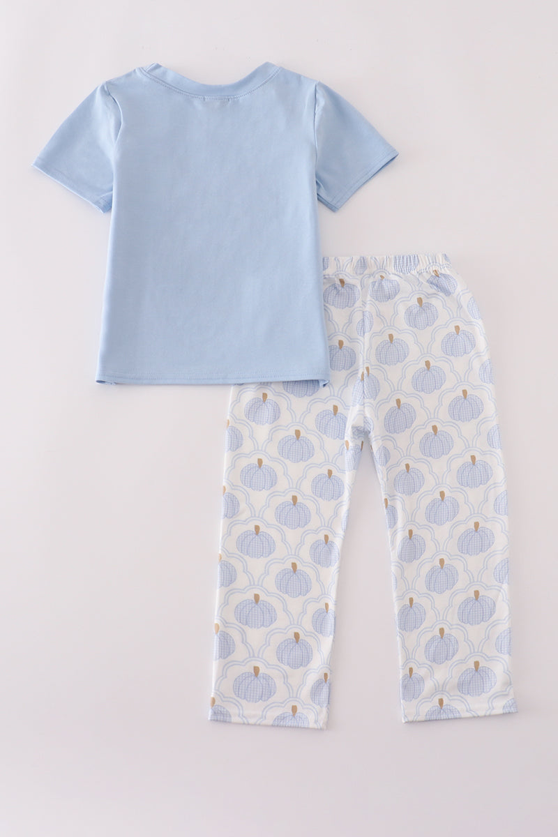 Boys Blue Pumpkin Embroidered Pants Set