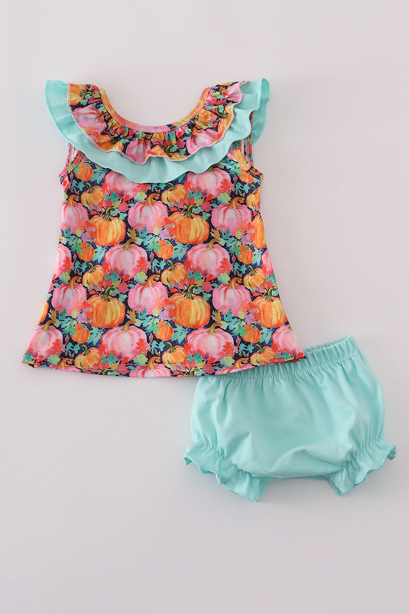 Girls Pumpkin Print Ruffle Bloomer Set
