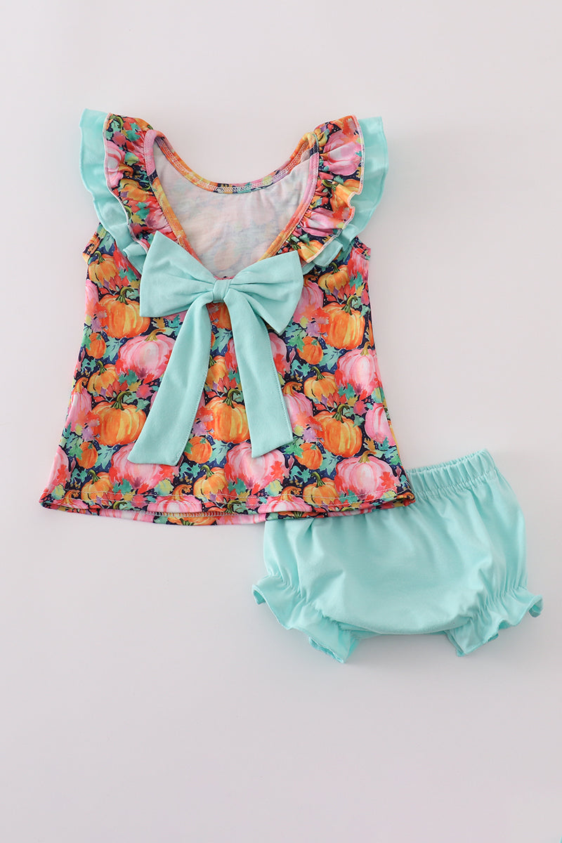 Girls Pumpkin Print Ruffle Bloomer Set