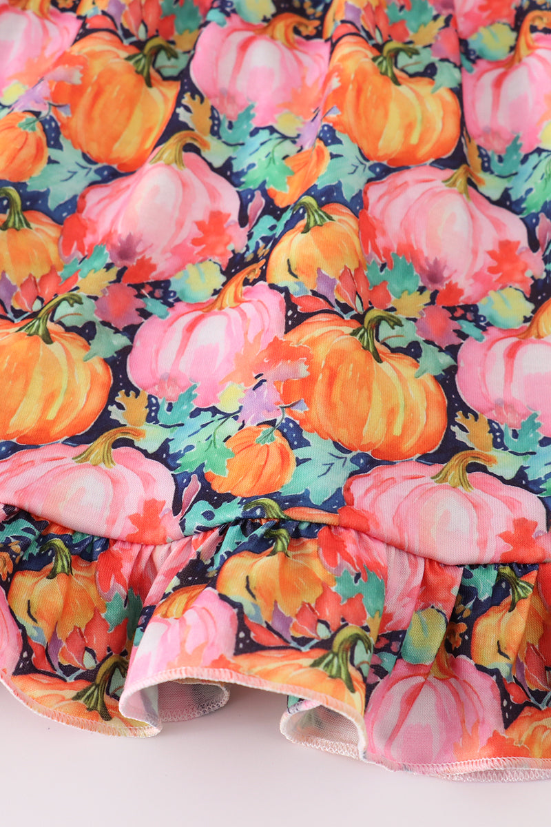 Girls Pink Pumpkin Print Ruffle Pants Set