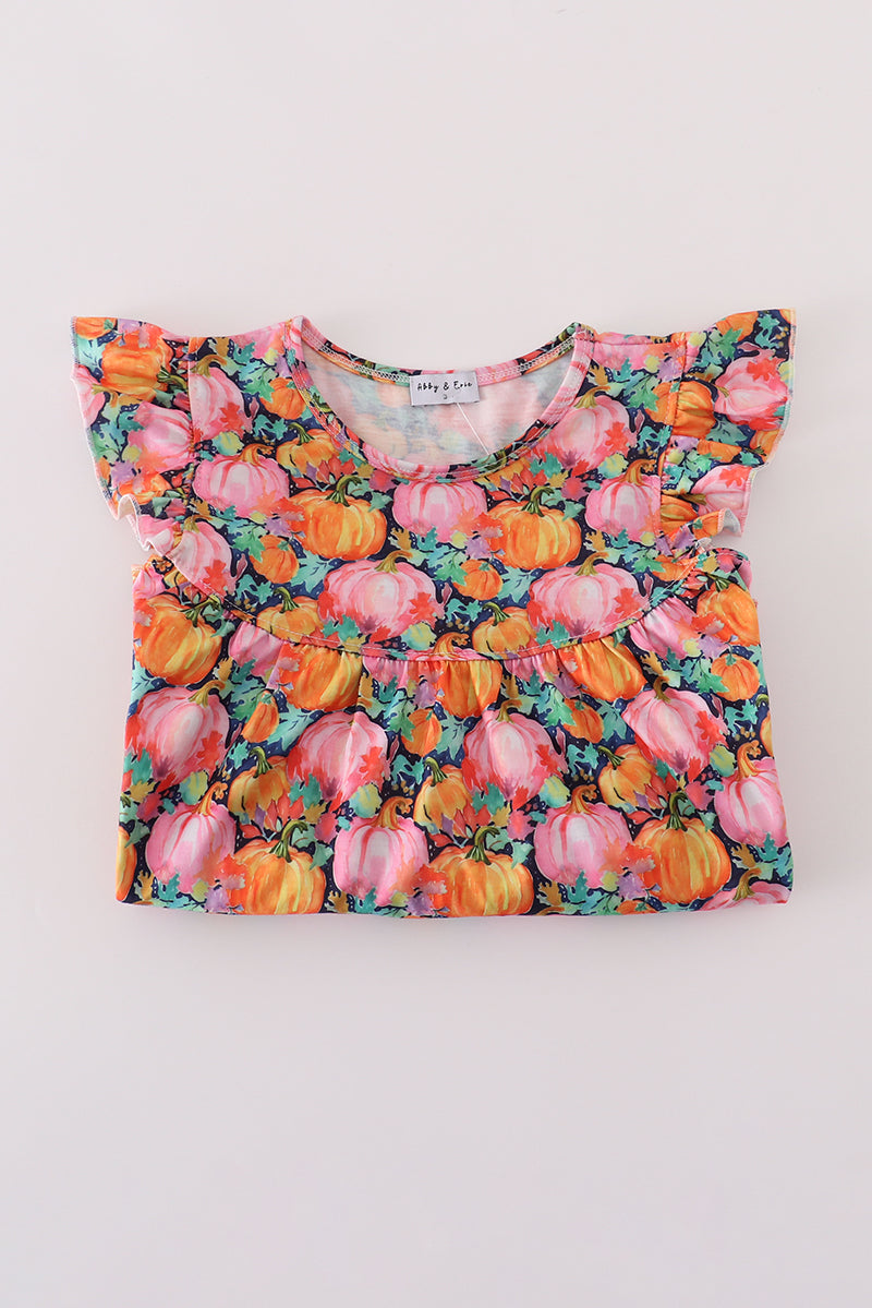 Girls Pink Pumpkin Print Ruffle Pants Set
