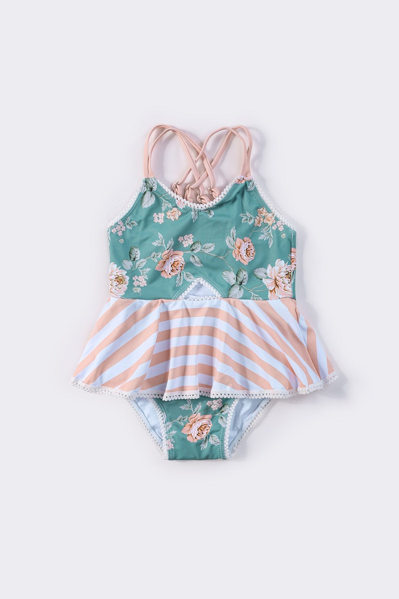 Girls Teal Floral Print One-Piece Swimsuit