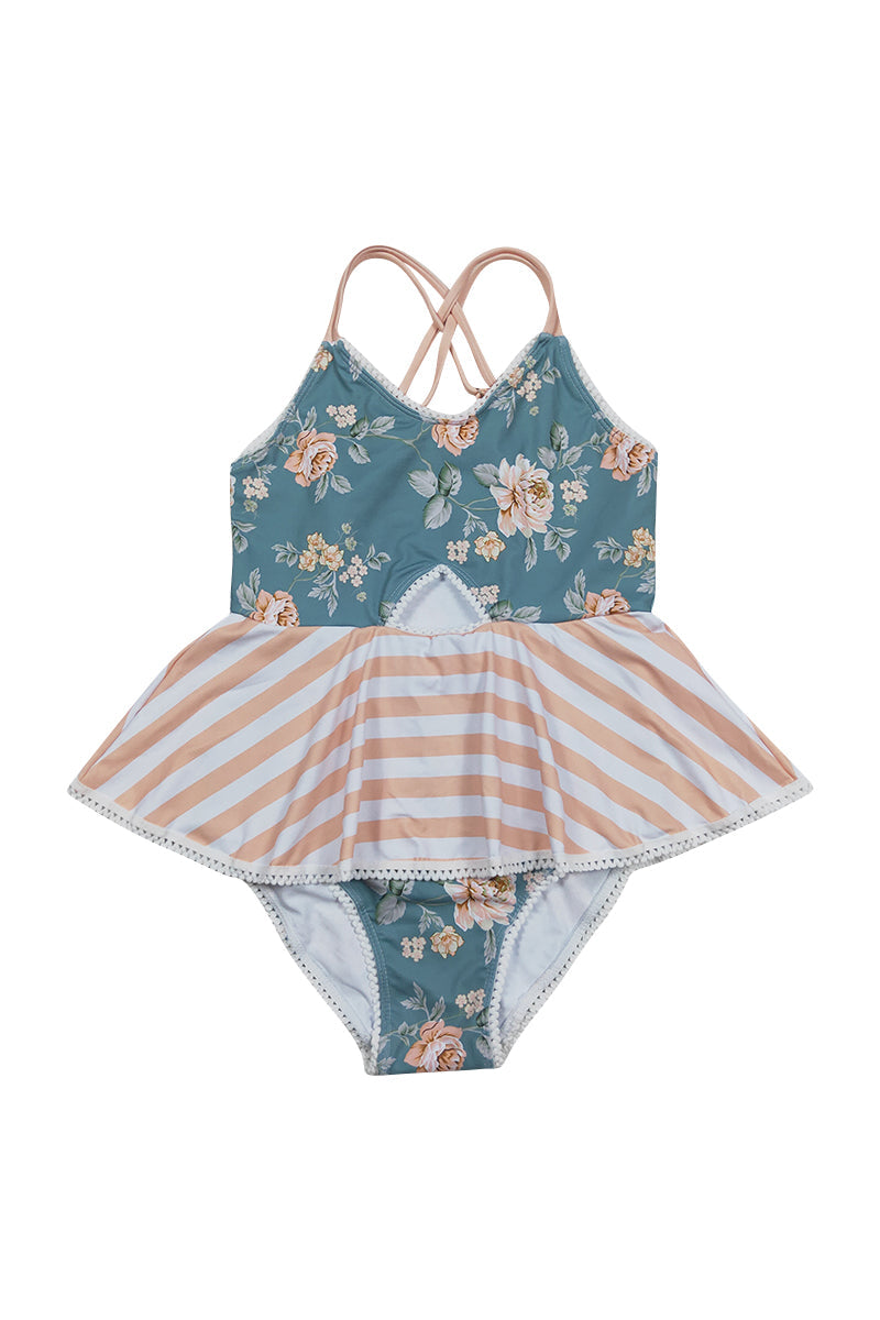 Girls Teal Floral Print One-Piece Swimsuit