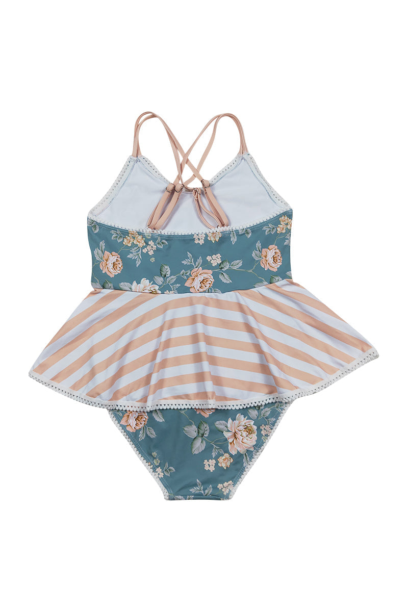 Girls Teal Floral Print One-Piece Swimsuit