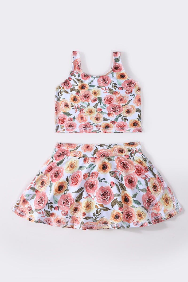 Girls Pink/Yellow Floral Print 2pc Swimsuit
