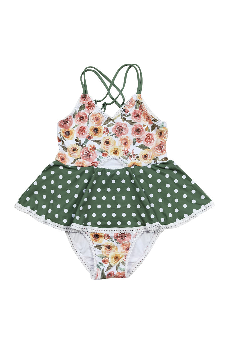 Girls Floral Polka Dot One-Piece Swimsuit