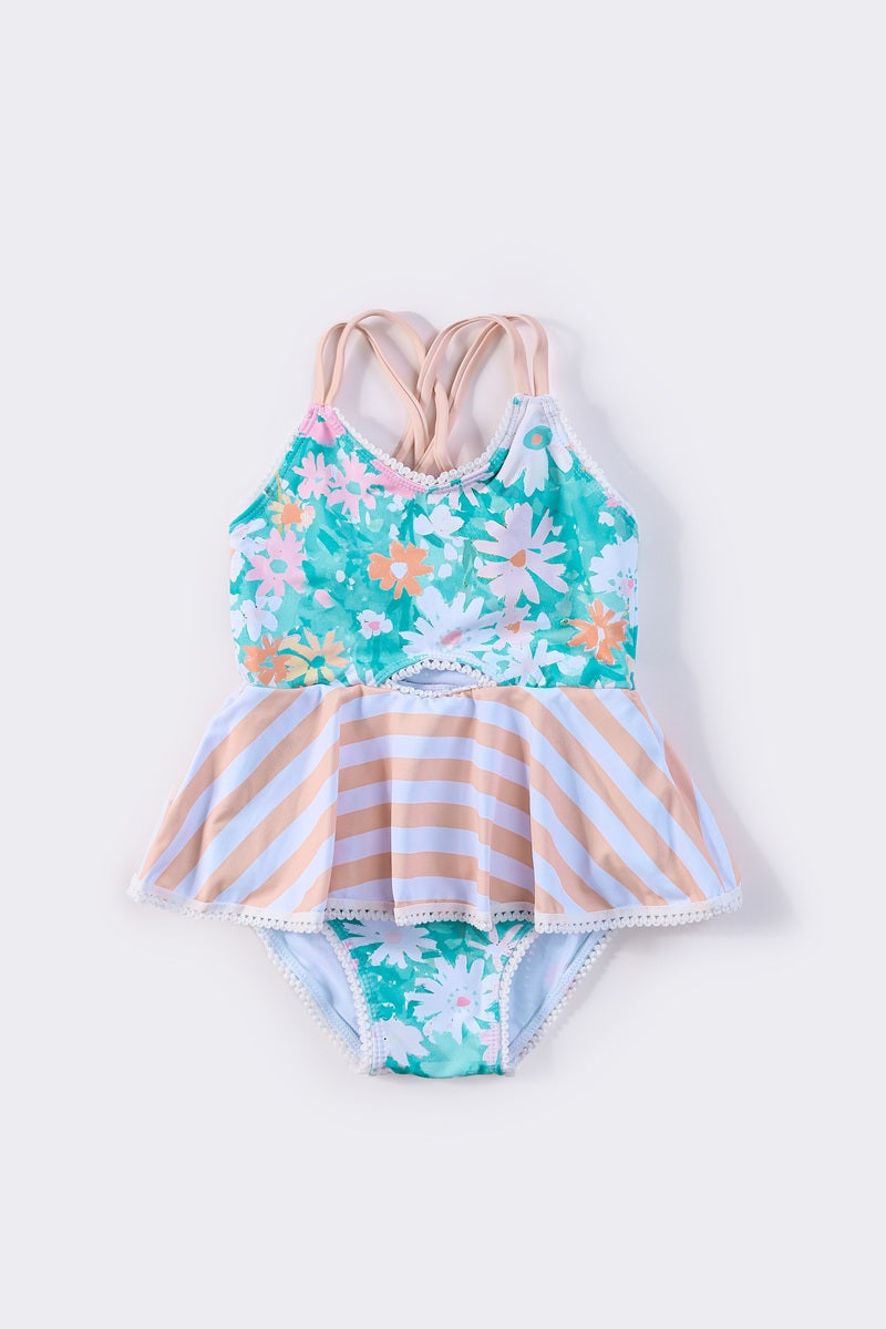 Girls Daisy Stripe Print One-Piece Swimsuit