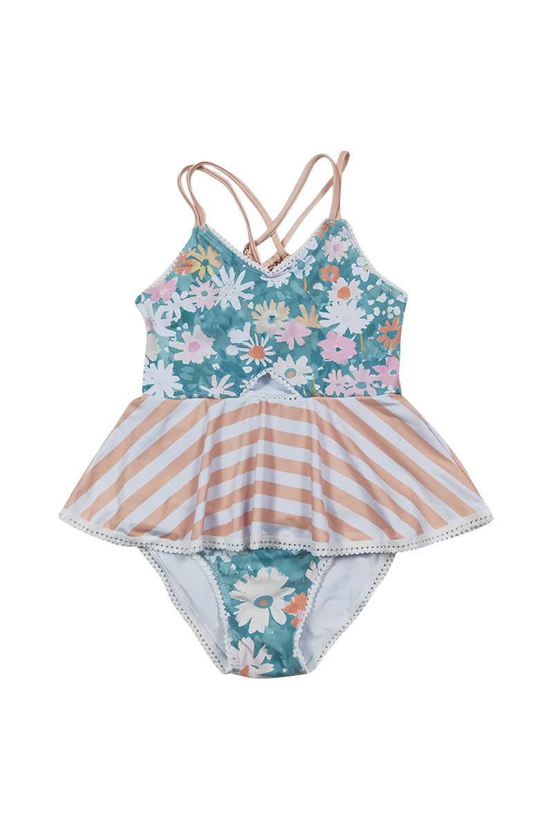 Girls Daisy Stripe Print One-Piece Swimsuit