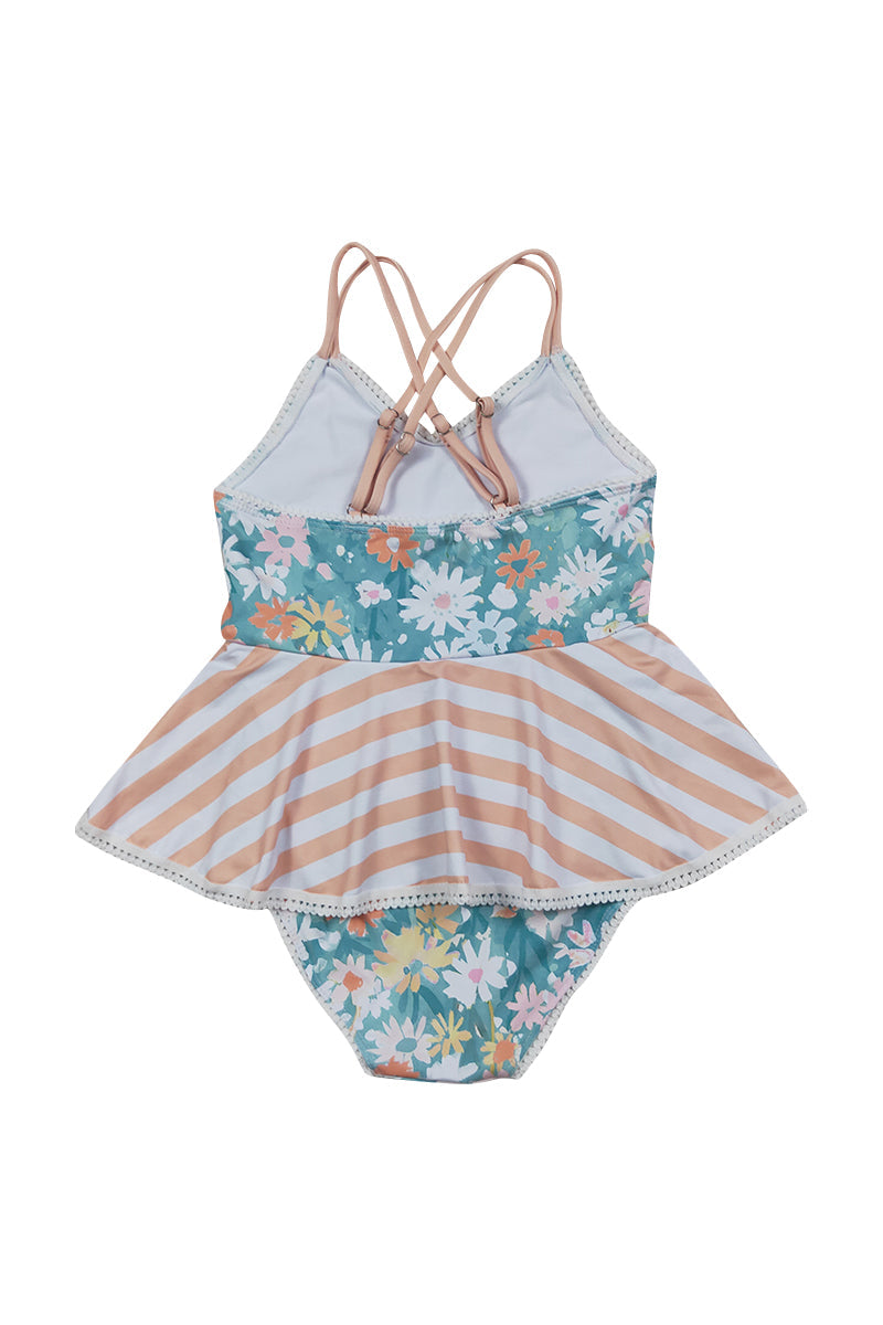 Girls Daisy Stripe Print One-Piece Swimsuit