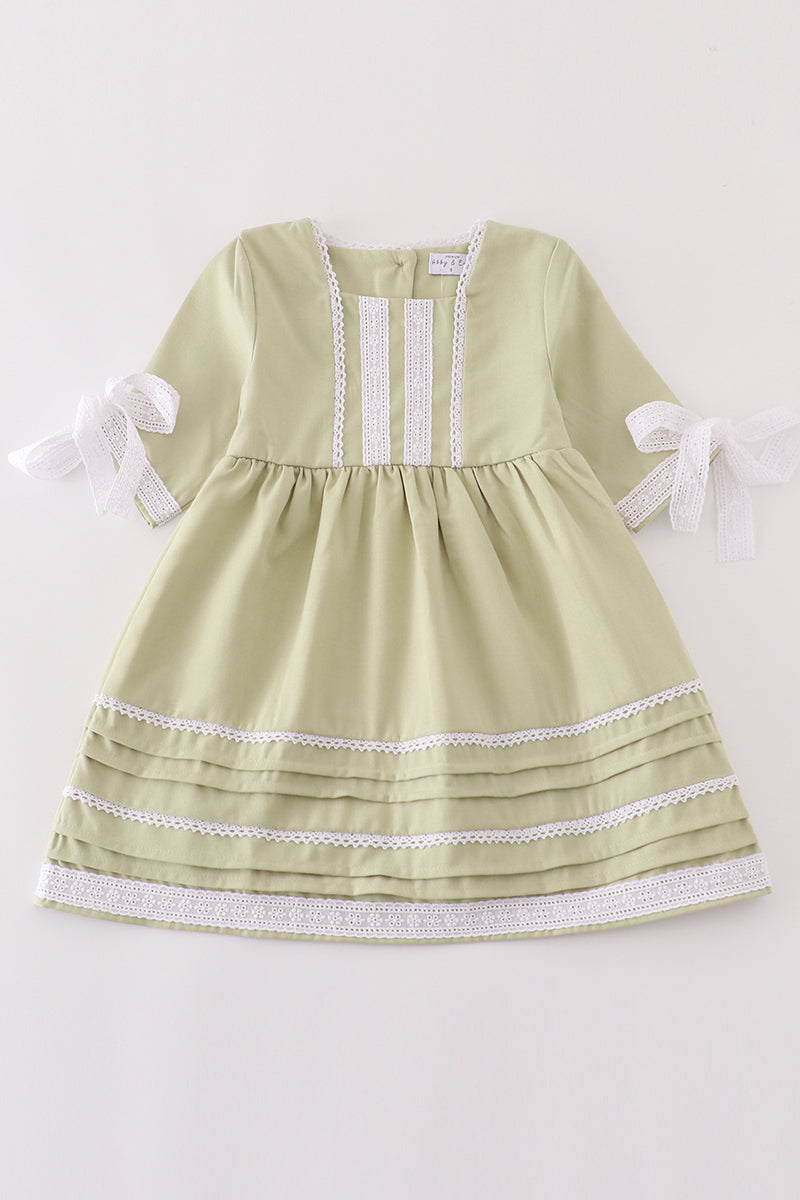 Girls Premium Sage Lace Ruffle Dress