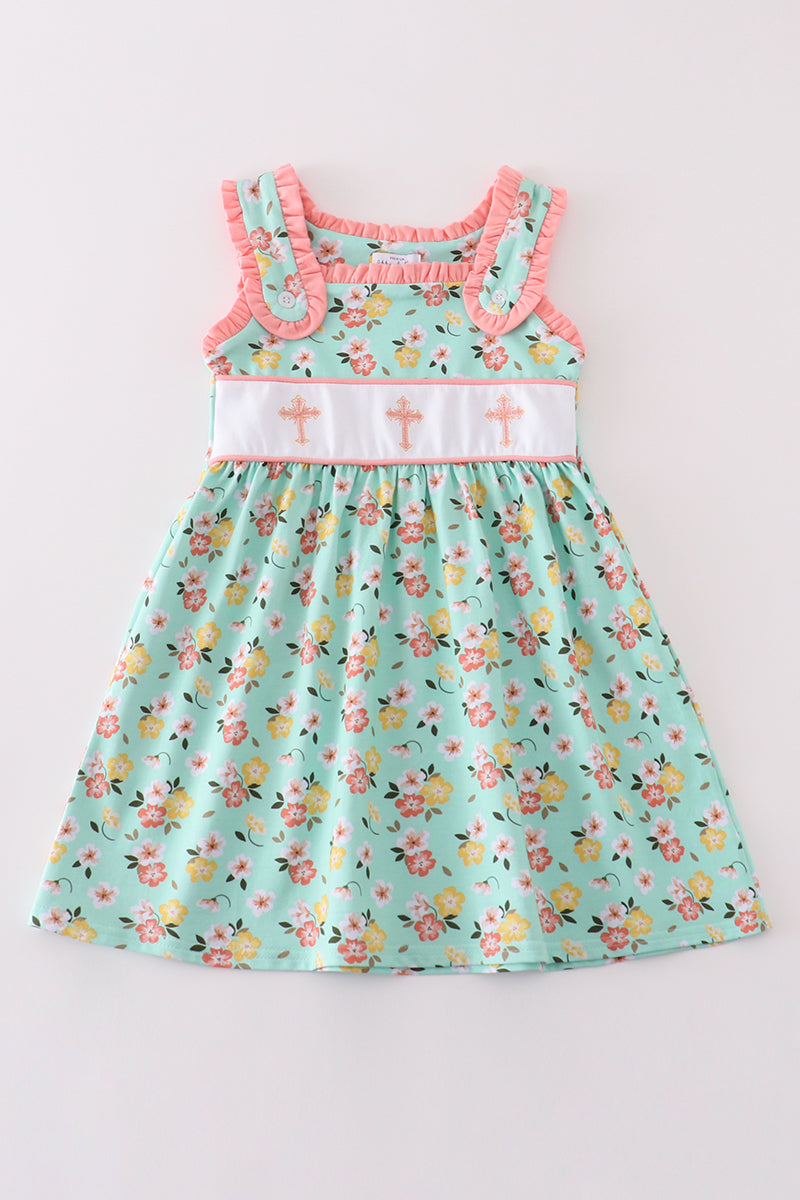 Girls Green Floral Cross Embroidered Dress