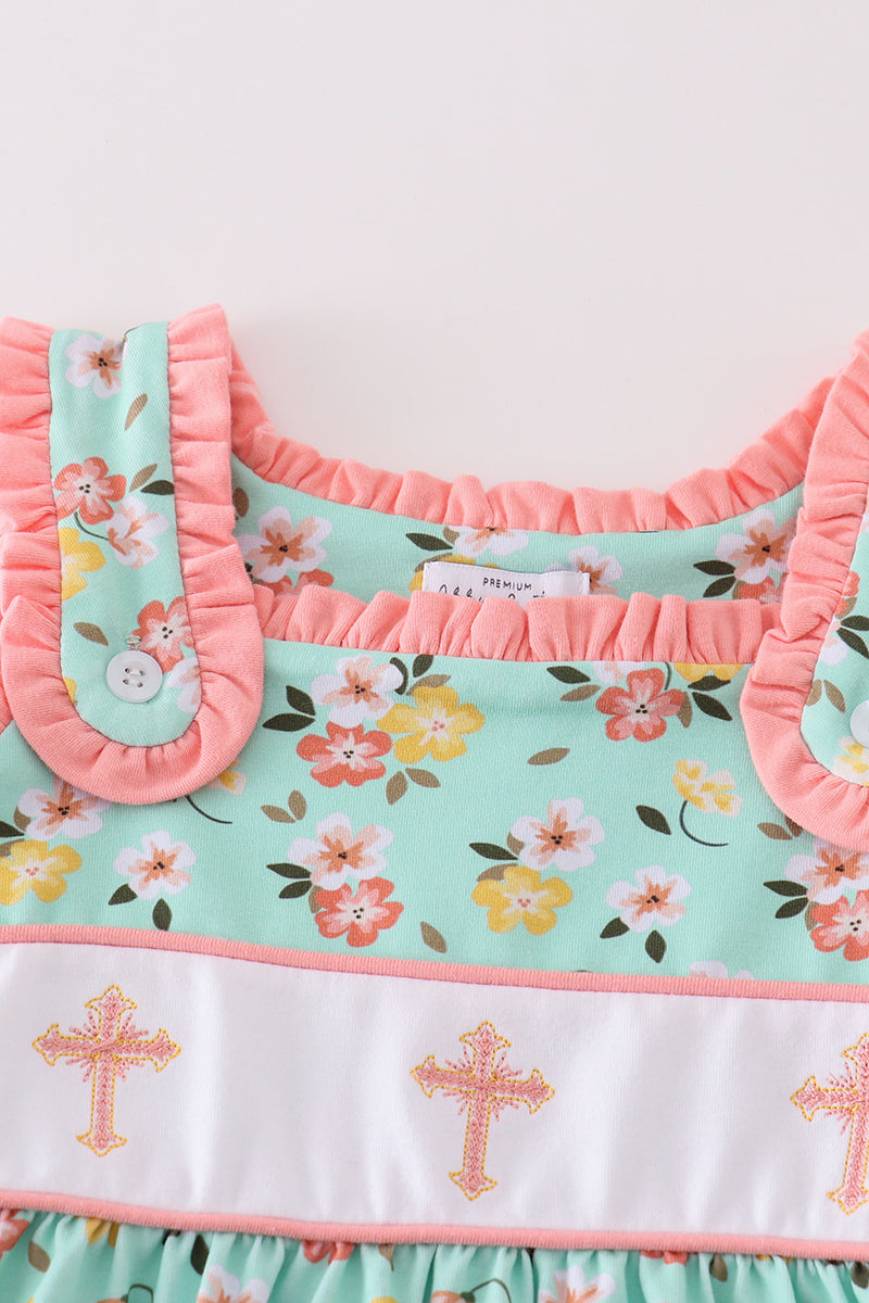 Girls Green Floral Cross Embroidered Dress