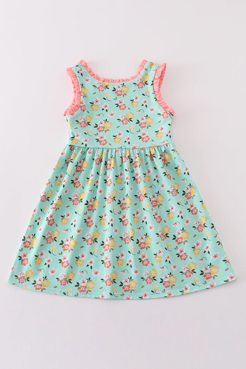 Girls Green Floral Cross Embroidered Dress