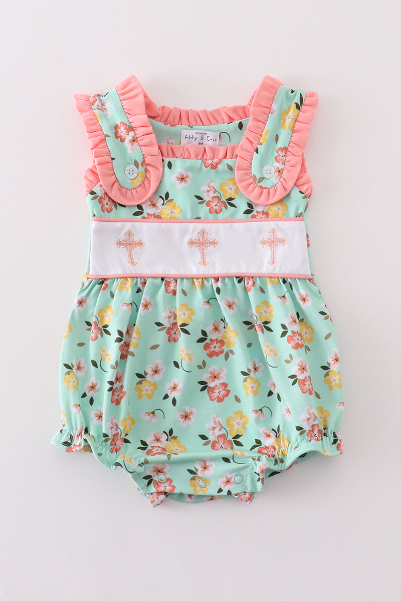 Girls Green Floral Cross Embroidered Bubble