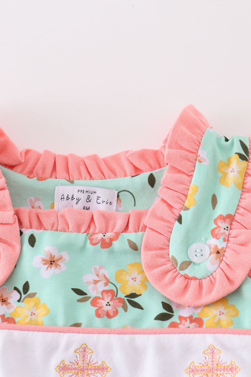 Girls Green Floral Cross Embroidered Bubble