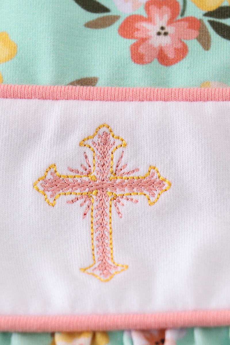Girls Green Floral Cross Embroidered Bubble