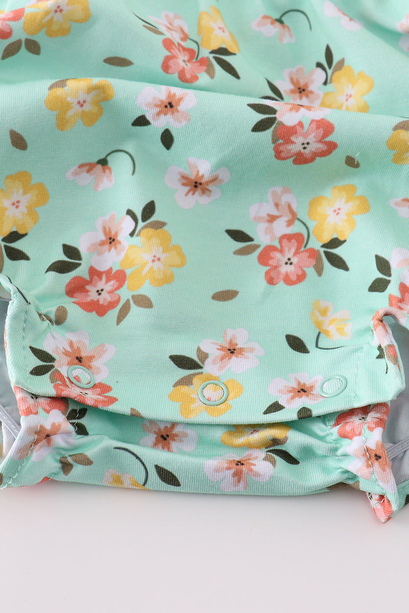 Girls Green Floral Cross Embroidered Bubble