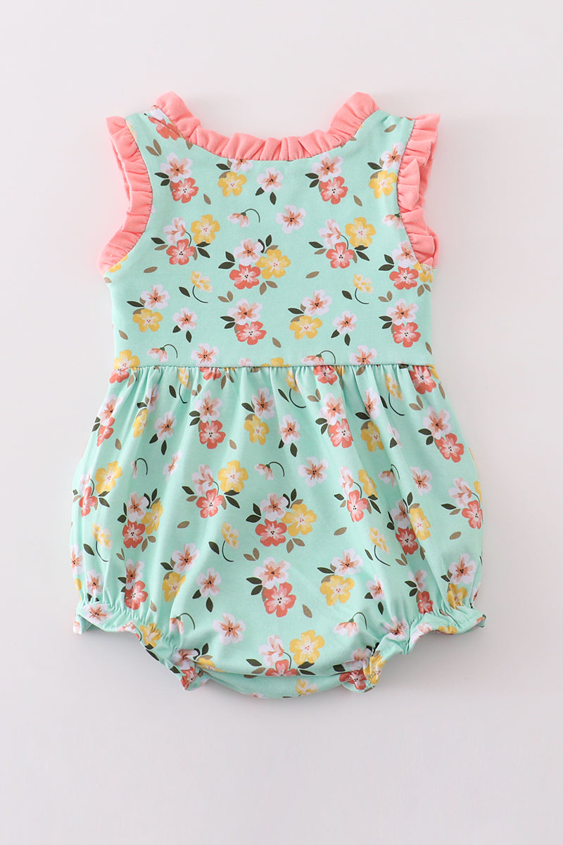 Girls Green Floral Cross Embroidered Bubble