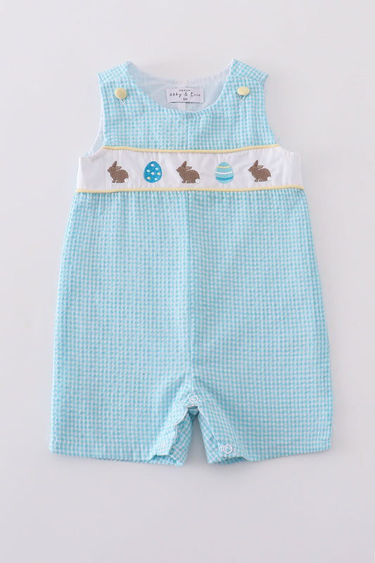 Boys Blue Bunny Egg Embroidery Gingham Romper