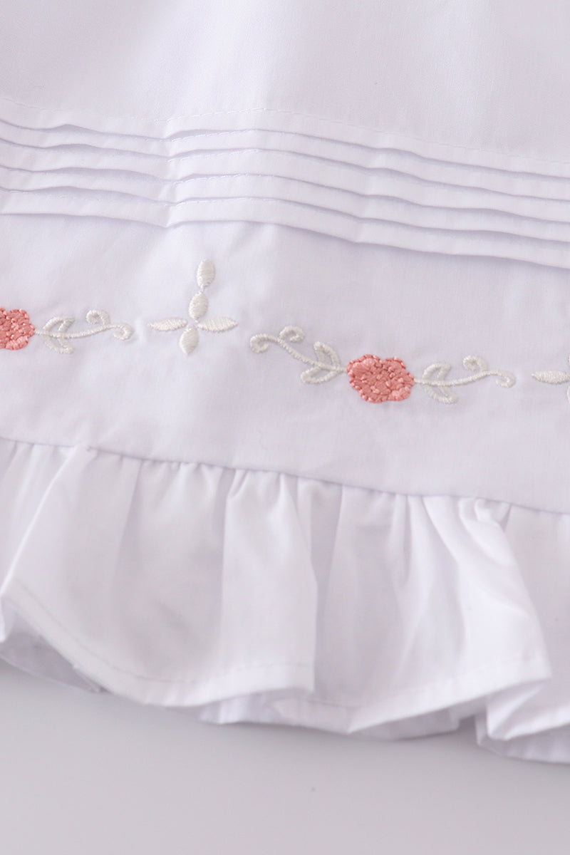 Girls Premium White Floral Embroidery Ruffle Dress