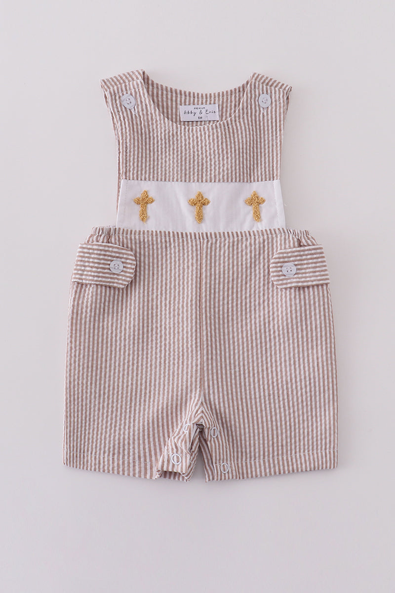 Boys Seersucker Brown Cross Embroidery Romper