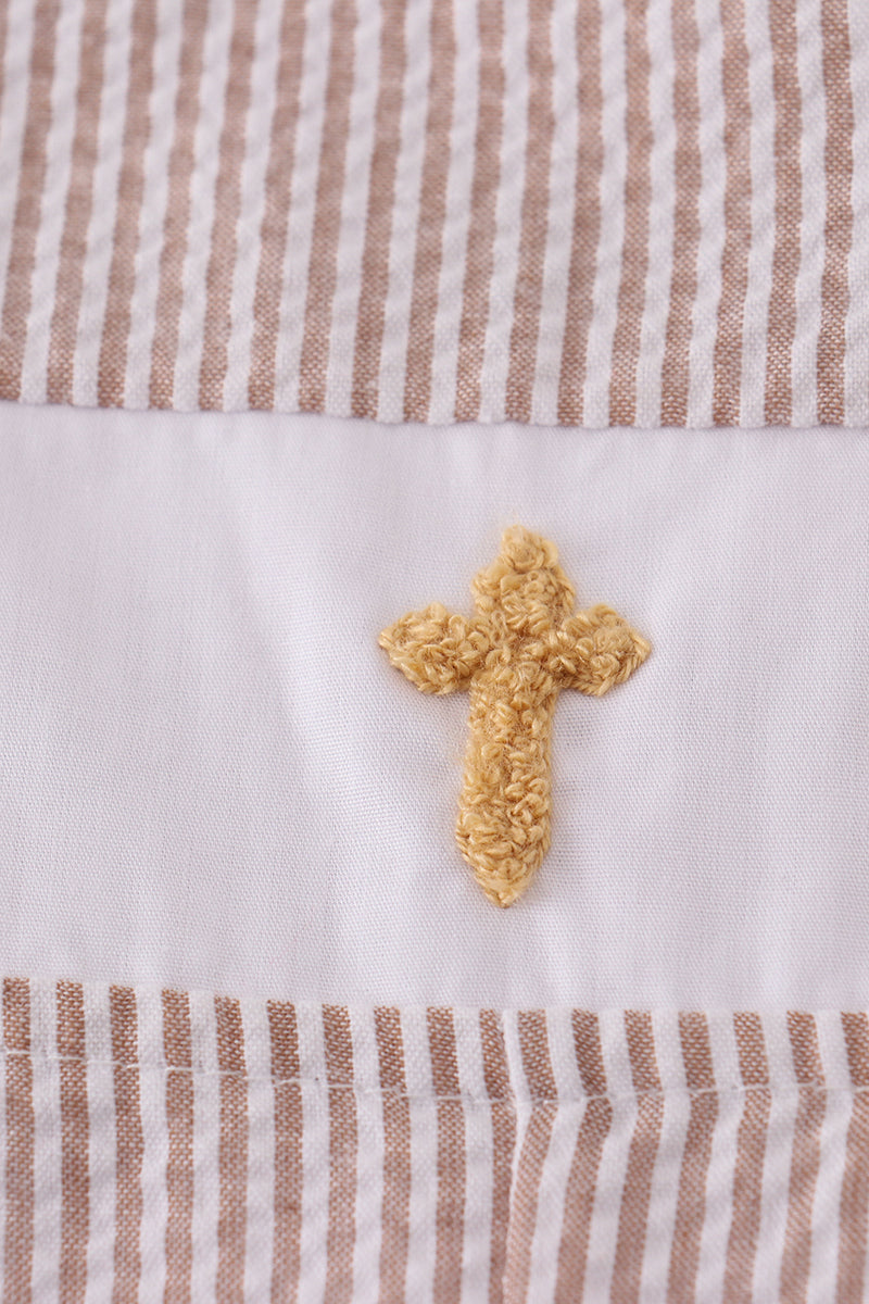 Boys Seersucker Brown Cross Embroidery Romper