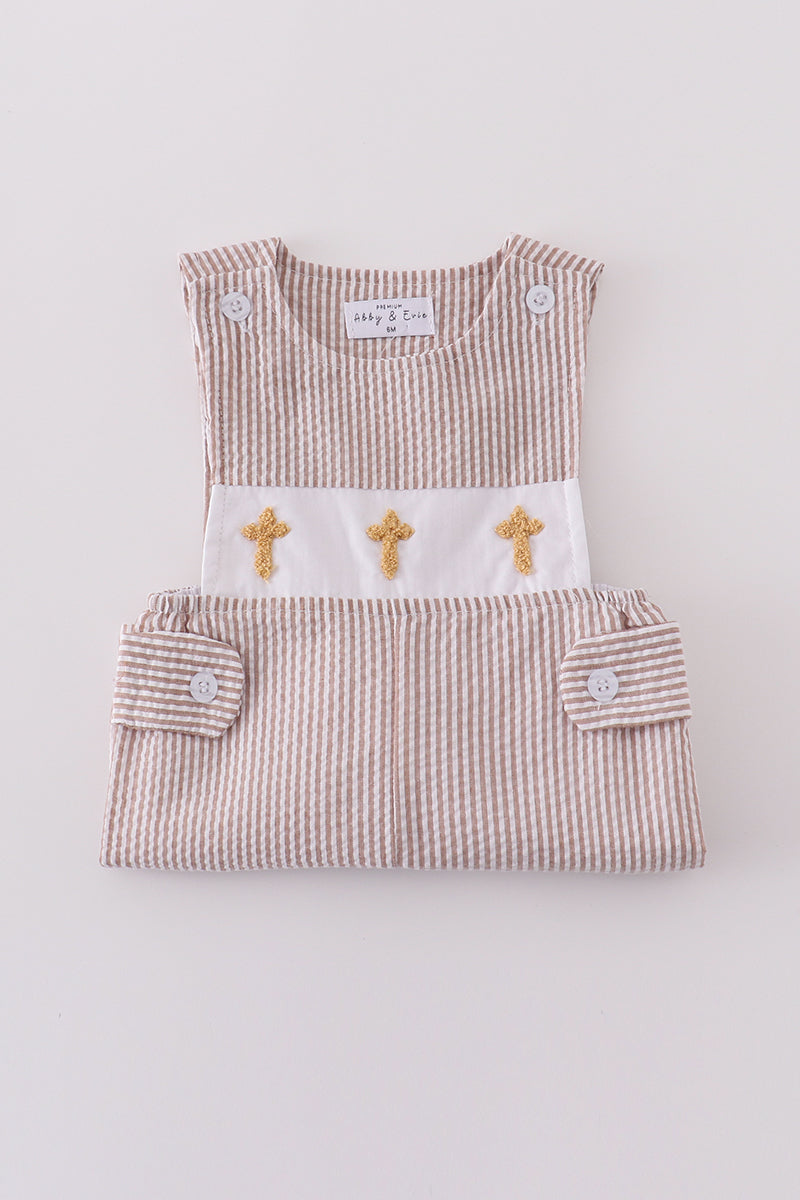 Boys Seersucker Brown Cross Embroidery Romper