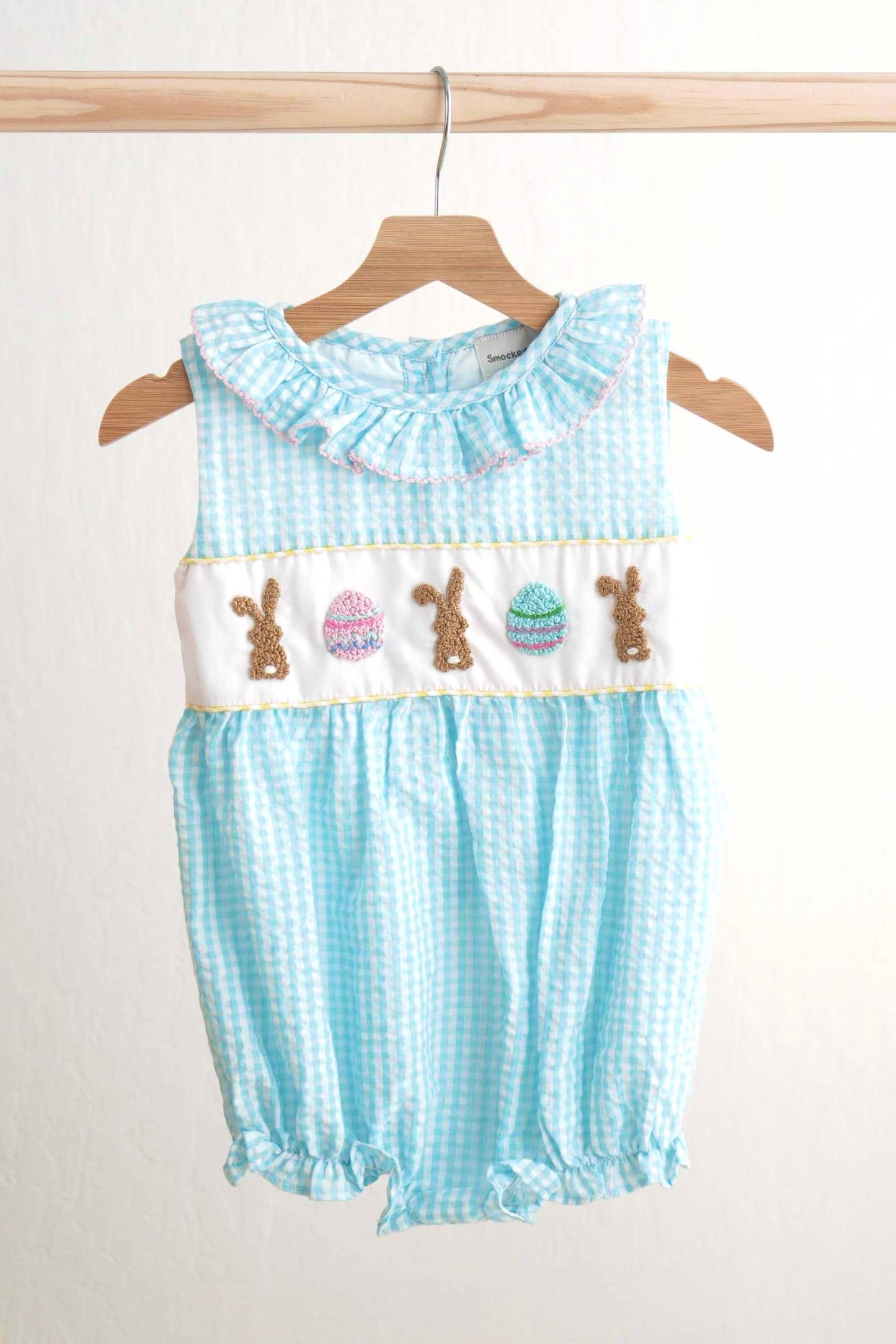 Girls Blue Bunny French Knot Gingham Bubble