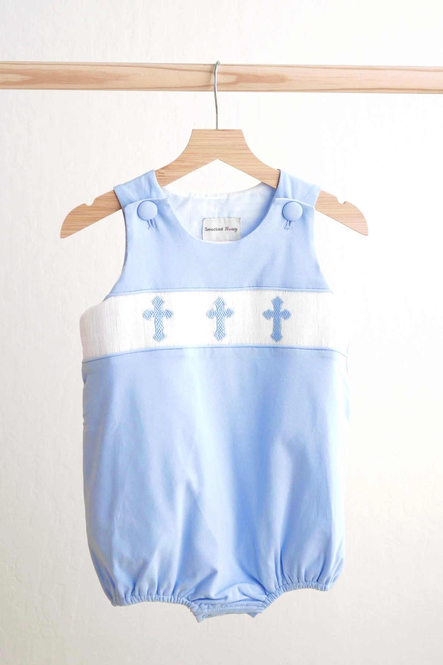 Boys Blue Cross Hand-Smocked Bubble