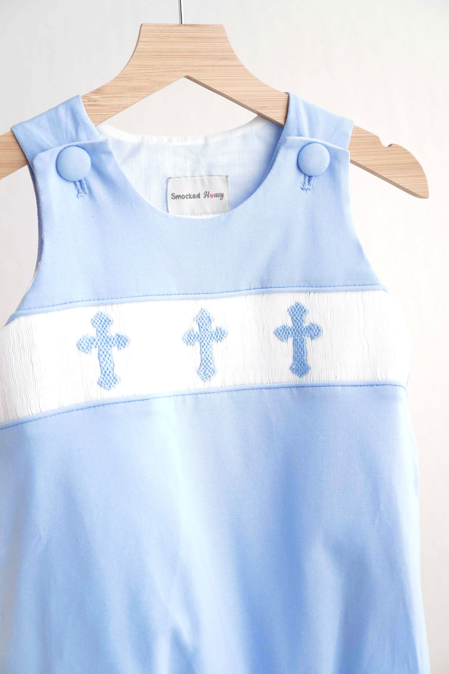 Boys Blue Cross Hand-Smocked Bubble