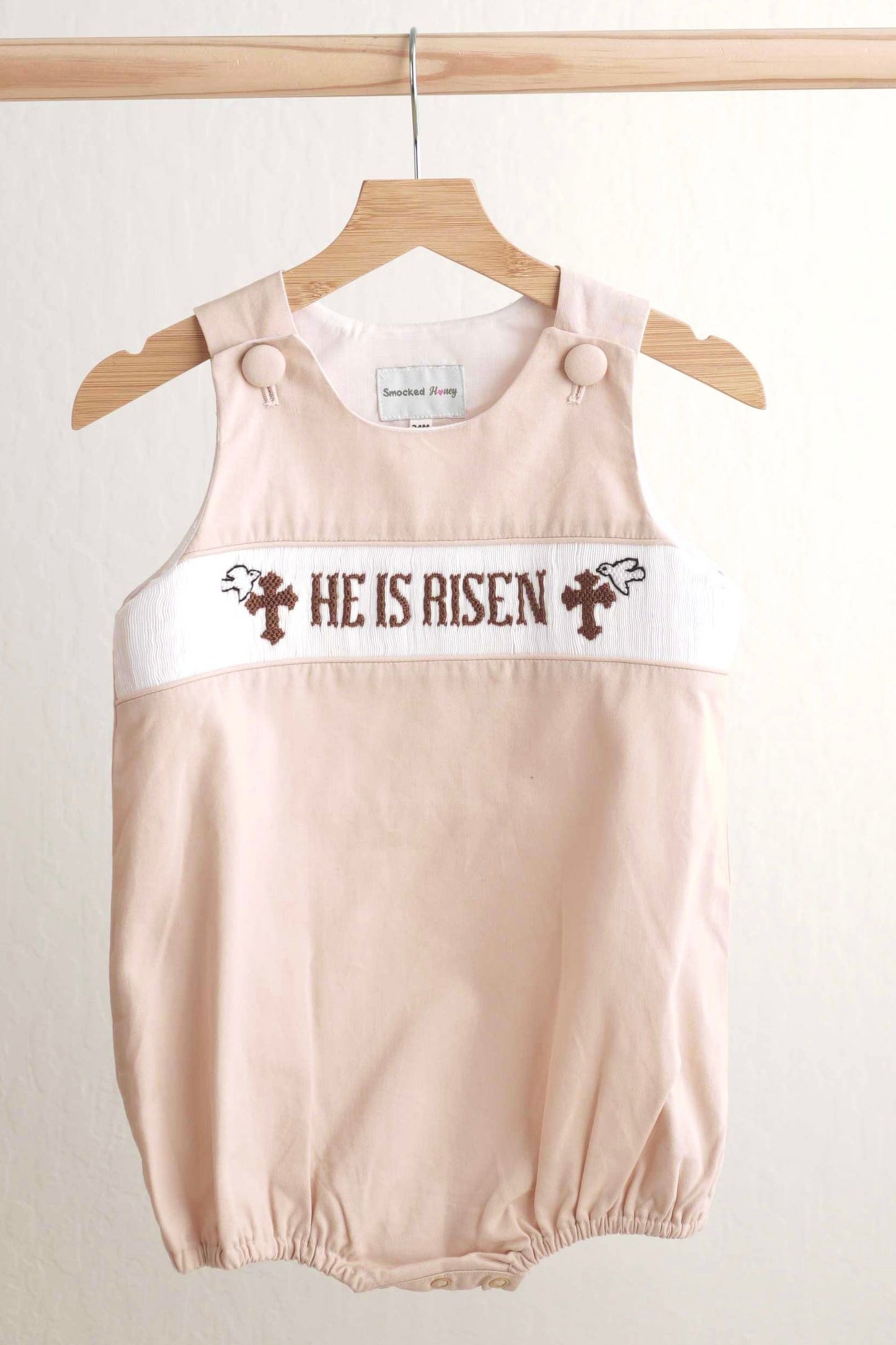 Boys Beige "He is Risen" Hand-Smocked Bubble
