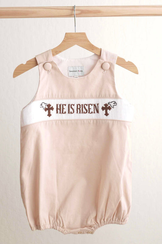 Boys Beige "He is Risen" Hand-Smocked Bubble