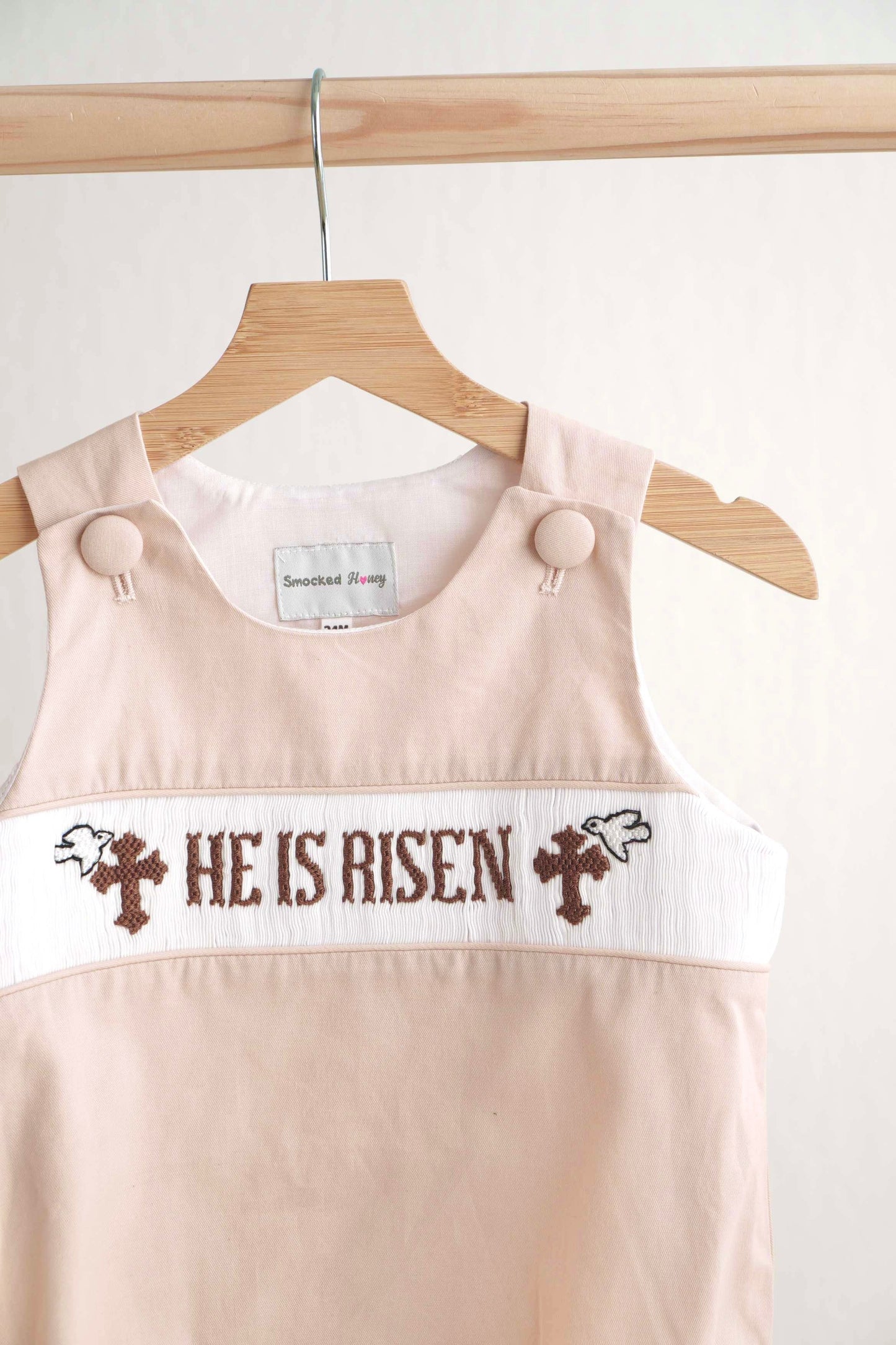 Boys Beige "He is Risen" Hand-Smocked Bubble